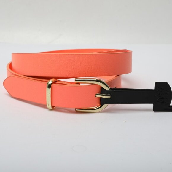 H&M Faux Leather Skinny Belt Bright Hot Coral Neon Orange Peach Gold Vegan - Picture 5 of 10
